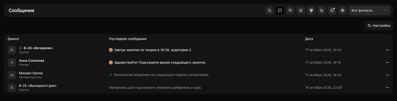 Чаты ПОГНАЛИ: диалоги с Анной Соколовой и Михаилом Орловым, группы B-24 и B-25, последние сообщения и непрочитанные
