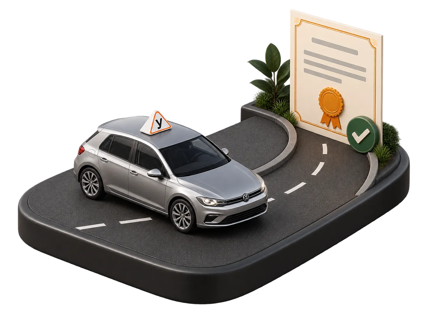 Учебный автомобиль на дороге к свидетельству об окончании обучения